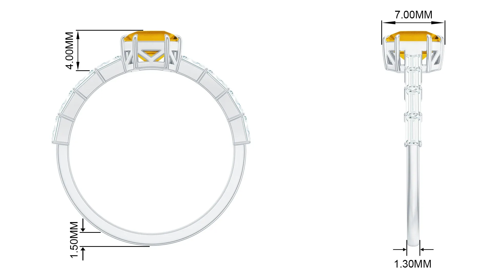 2 CT Asscher Cut Citrine Solitaire Ring with Moissanite Side Stones