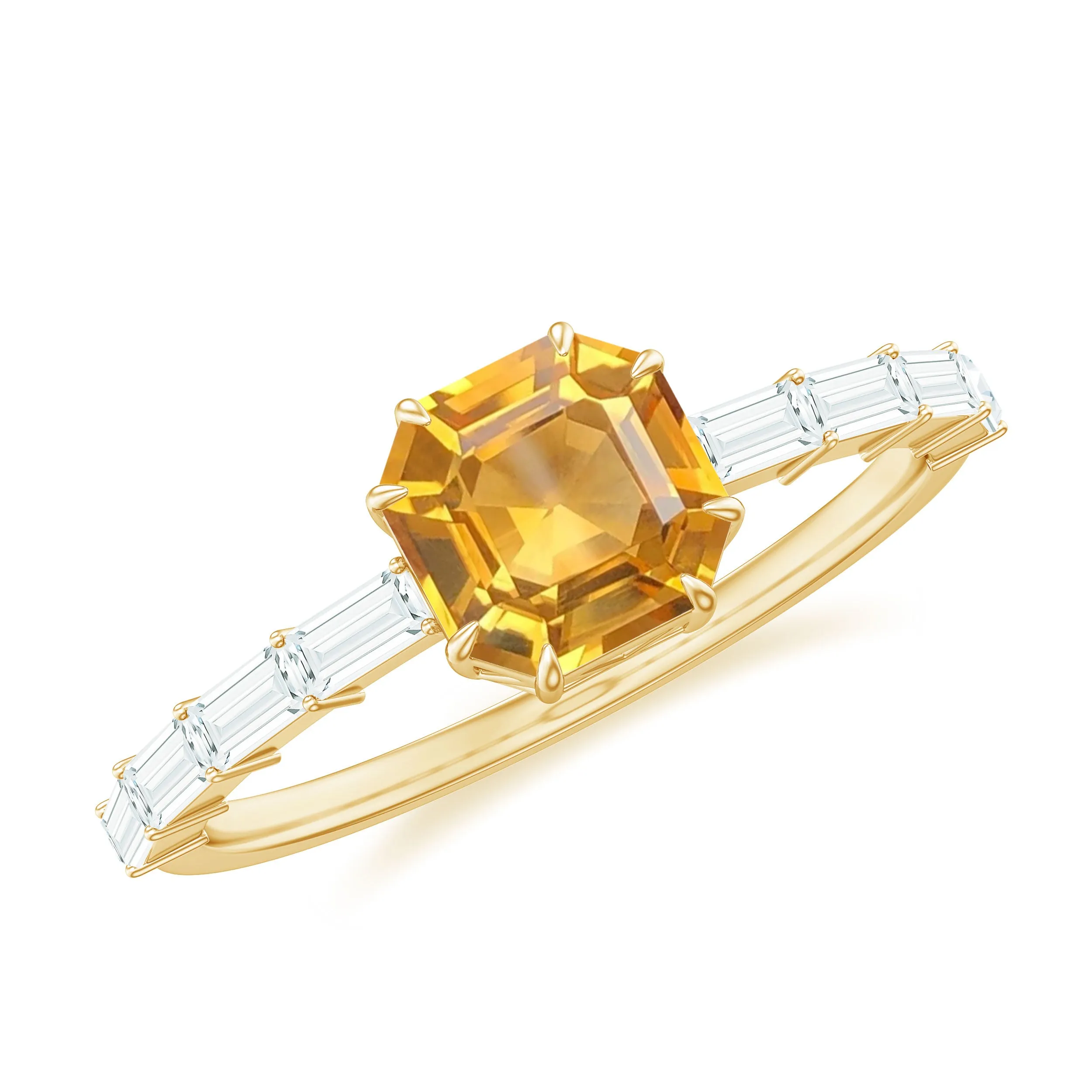 2 CT Asscher Cut Citrine Solitaire Ring with Moissanite Side Stones