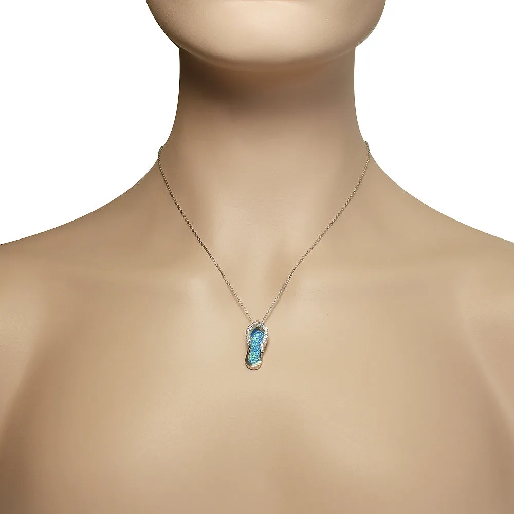 925 Sterling Silver White CZ Blue Simulated Opal Turquoise-Tone Flip-Flop Slipper Large Pendant Necklace