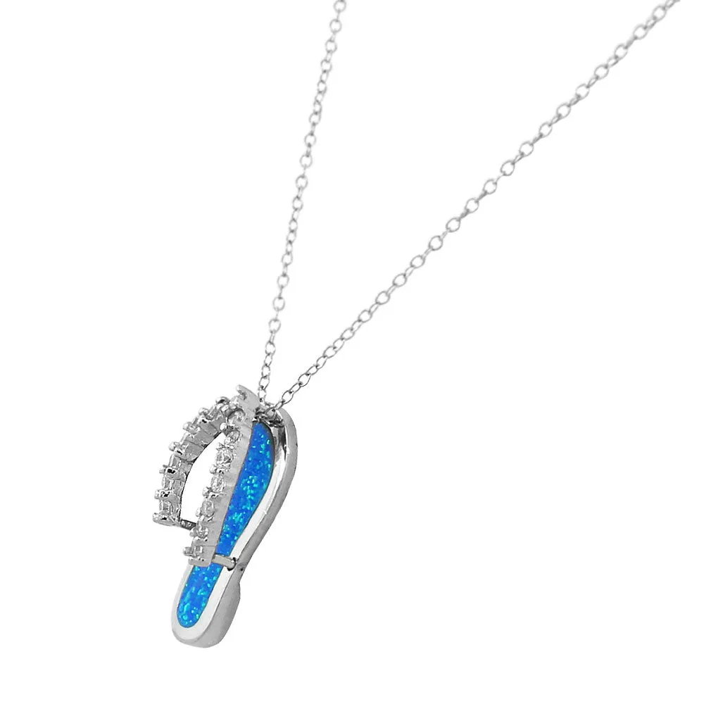 925 Sterling Silver White CZ Blue Simulated Opal Turquoise-Tone Flip-Flop Slipper Large Pendant Necklace