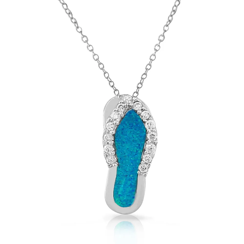 925 Sterling Silver White CZ Blue Simulated Opal Turquoise-Tone Flip-Flop Slipper Large Pendant Necklace