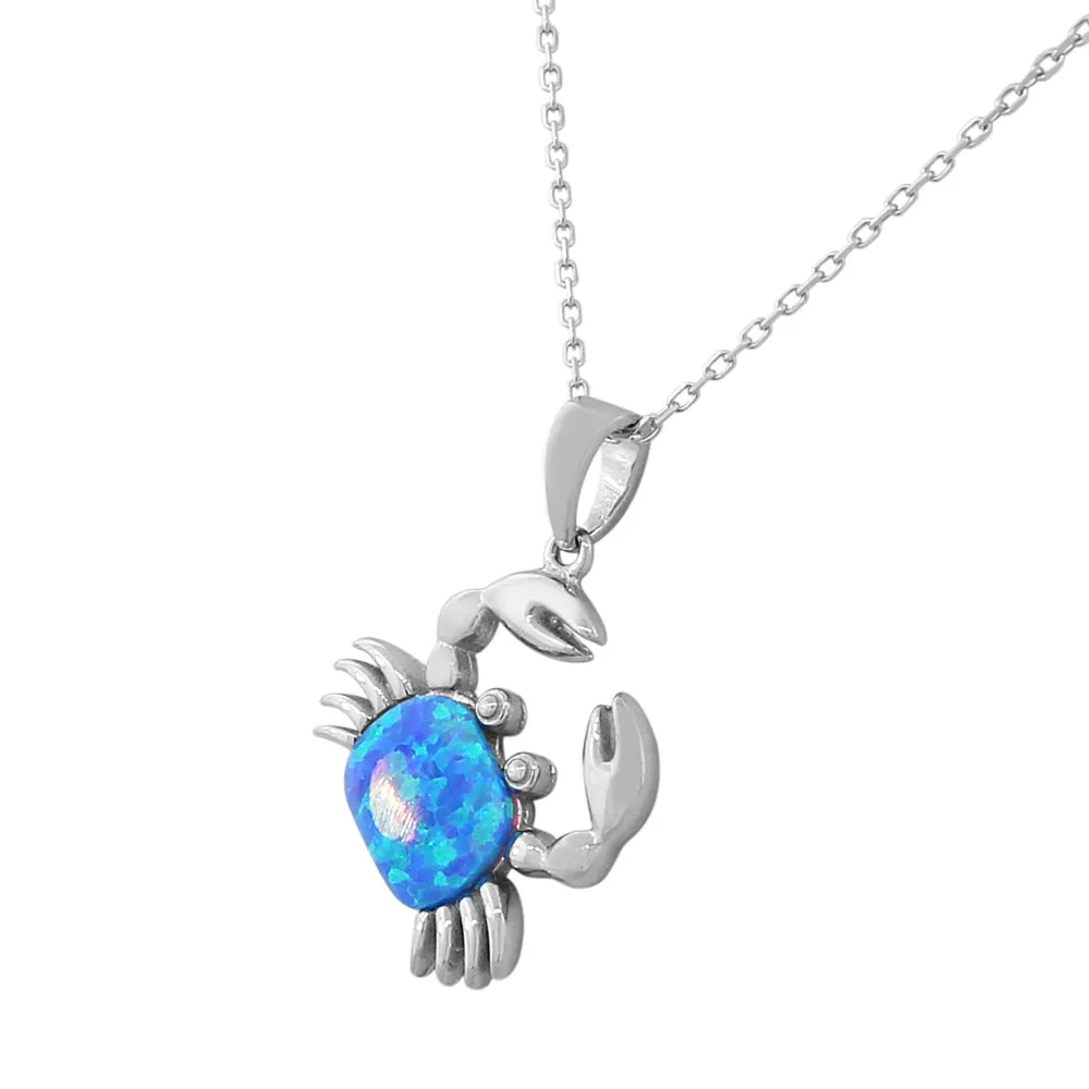 925 Sterling Silver Womens Blue Turquoise-Tone Crab Marine Simulated Opal Pendant Necklace