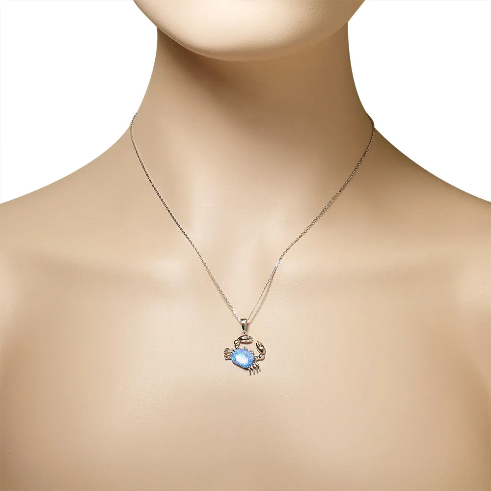 925 Sterling Silver Womens Blue Turquoise-Tone Crab Marine Simulated Opal Pendant Necklace