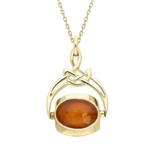 9ct Yellow Gold Amber Whitby Jet Mother of Pearl Cradle Round Swivel Fob Necklace