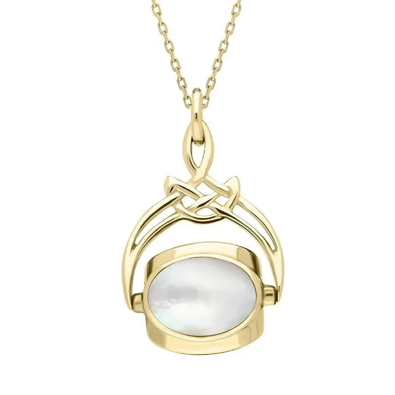 9ct Yellow Gold Amber Whitby Jet Mother of Pearl Cradle Round Swivel Fob Necklace