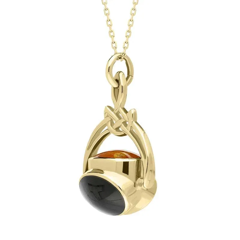 9ct Yellow Gold Amber Whitby Jet Mother of Pearl Cradle Round Swivel Fob Necklace