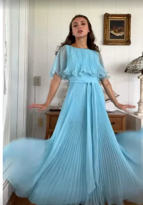 A Line Blue Long Prom Dress Pleated Charming Evening Party Dress