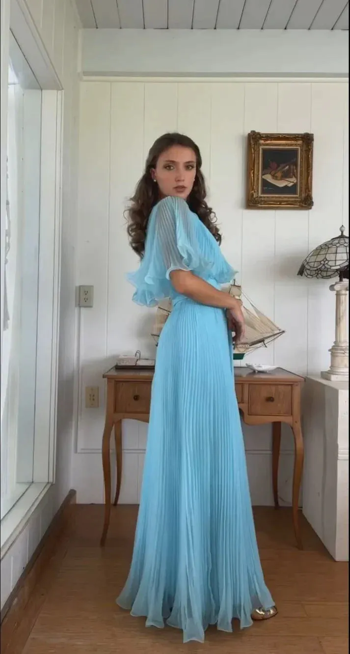 A Line Blue Long Prom Dress Pleated Charming Evening Party Dress