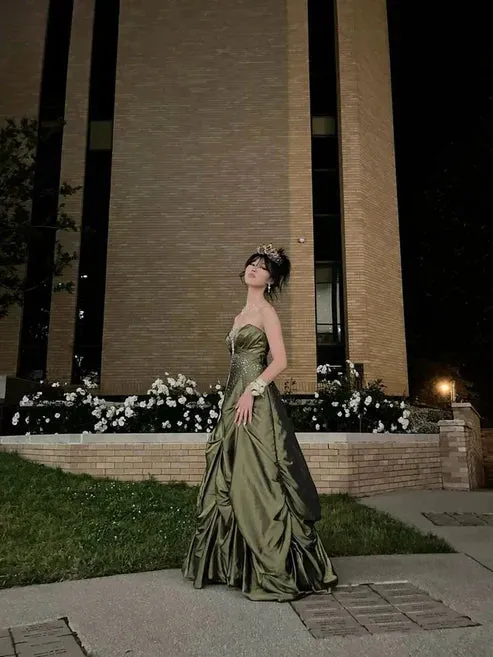 Ball Gown Strapless Green Satin Long Prom Dress Charming Evening Party Dress
