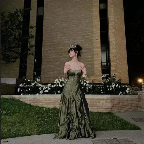 Ball Gown Strapless Green Satin Long Prom Dress Charming Evening Party Dress