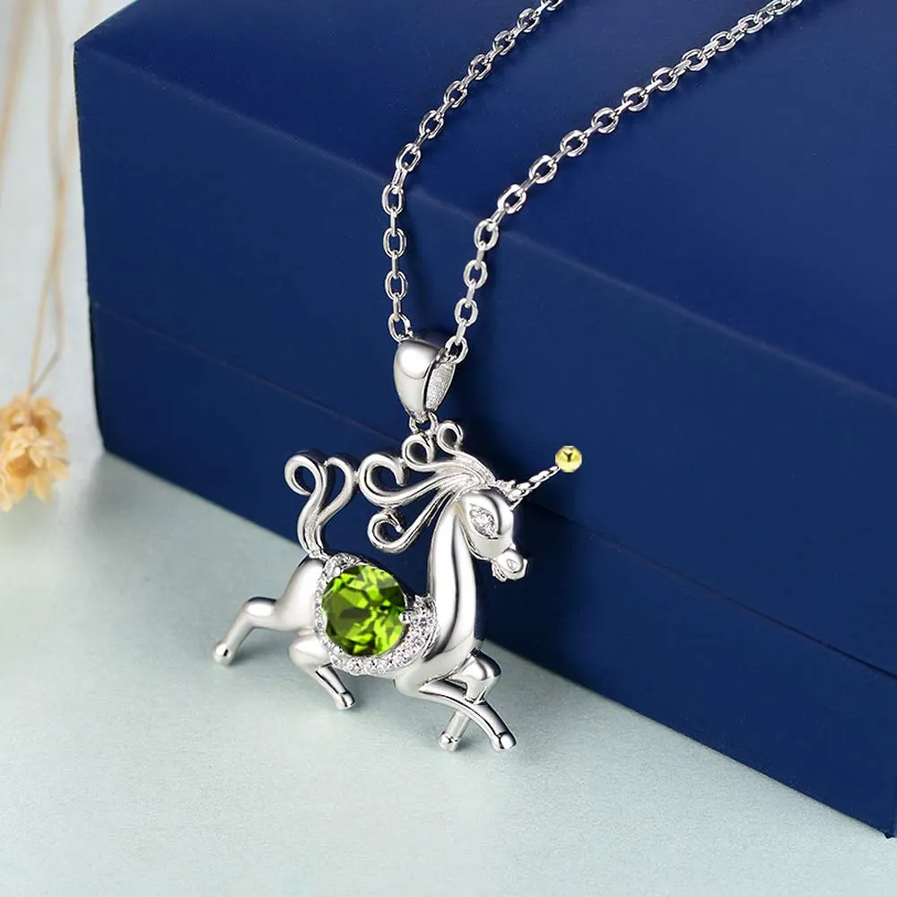 Birthday Gifts for Daughter Peridot Necklace Wife Mom Unicorn Jewelry for Teen Girls Women Sterling Silver Animal Necklace Gifts for Her Anniversary