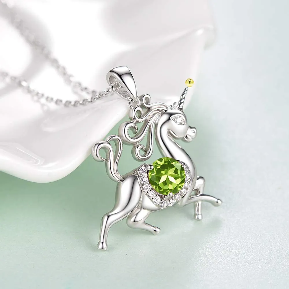 Birthday Gifts for Daughter Peridot Necklace Wife Mom Unicorn Jewelry for Teen Girls Women Sterling Silver Animal Necklace Gifts for Her Anniversary