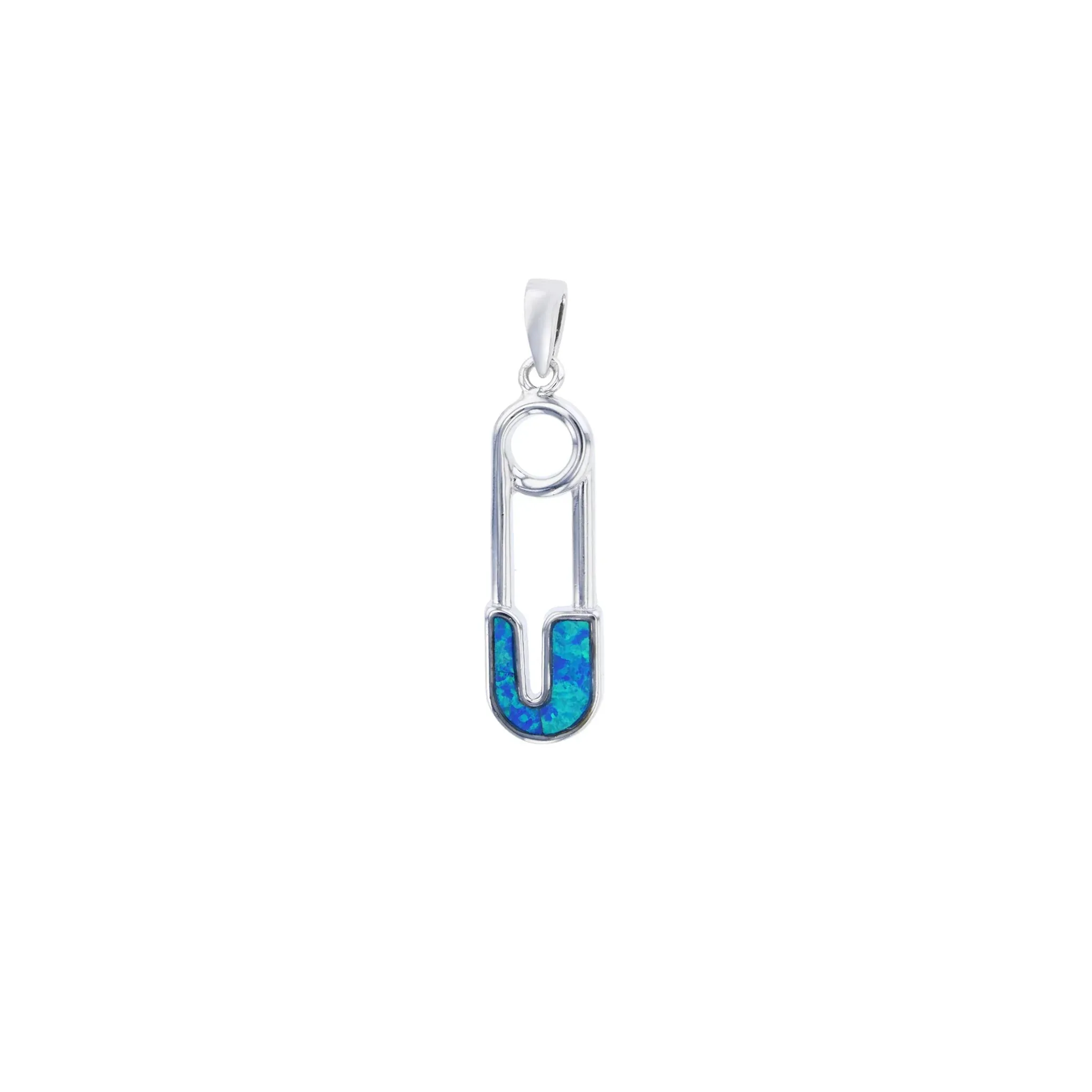 Blue Opal Safety Pin Pendant (Silver)