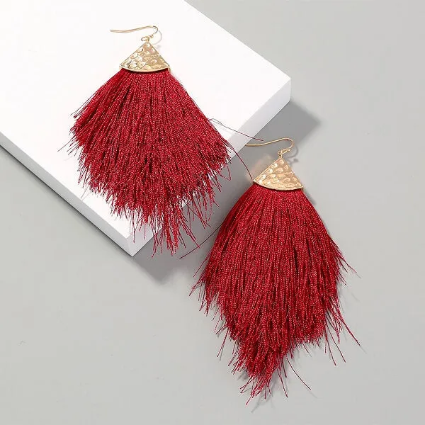 Burgundy Tassel Fringe Earrings