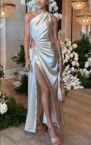 Champagne Satin One Shoulder Elegant Party Dress with Slit Charming Evening Dress Wholesale