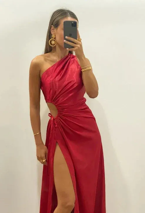 Champagne Satin One Shoulder Elegant Party Dress with Slit Charming Evening Dress Wholesale