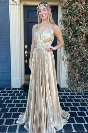 Champagne V Neck Spaghetti Straps A-Line Formal Party Dress Charming Evening Dress