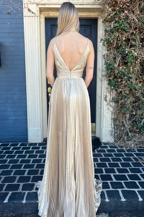 Champagne V Neck Spaghetti Straps A-Line Formal Party Dress Charming Evening Dress