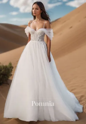 Charming A-Line Spaghetti Straps Corset Tulle Court Train Lace Wedding Dress