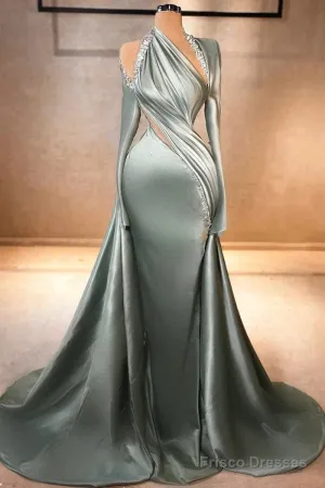 Charming Mermaid Irregular Collar Satin Rhinestone Halter Ruffled Long Prom Dress Formal Evening Gown