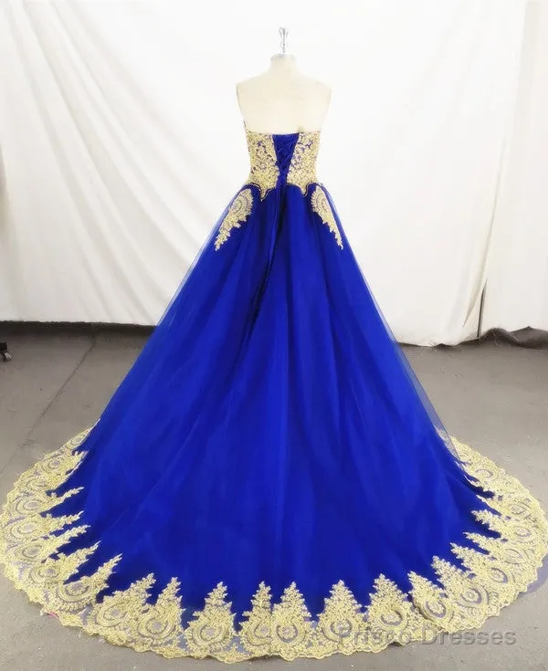 Charming Royal Blue Tulle Party Dress With Gold Lace Applique, Prom Dress