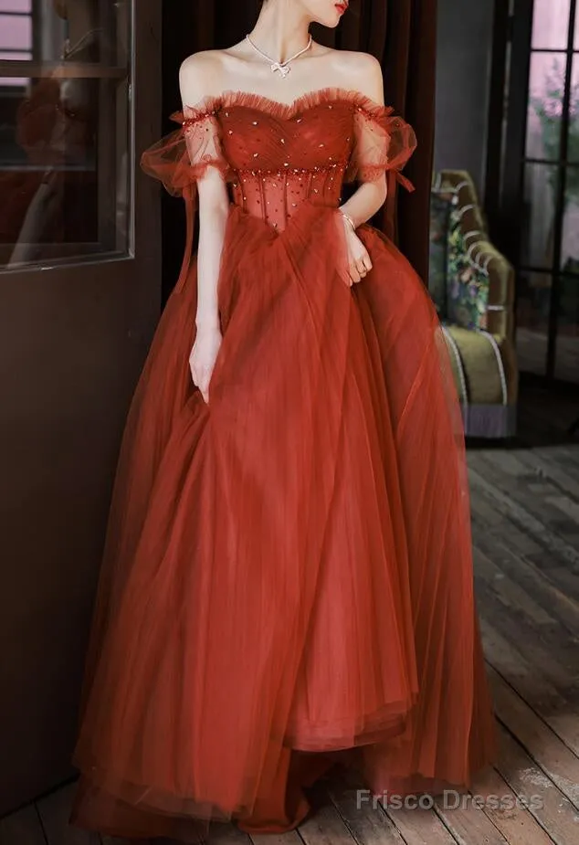 Charming Sweetheart Beaded Off Shoulder Long Party Dresses, Tulle Evening Gown