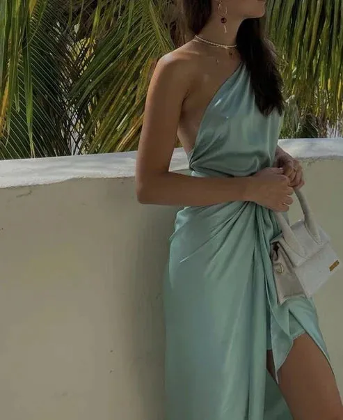 Chic One Shoulder Satin Party Dress Long Prom Dress Evening Dress Charming Party Dress