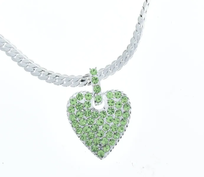 Crystal Heart Pendant Necklace on Silver Serpentine 16" Chain, Gift Box, AB crystal, Peridot green or Black crystal, 25mm pendant, Each
