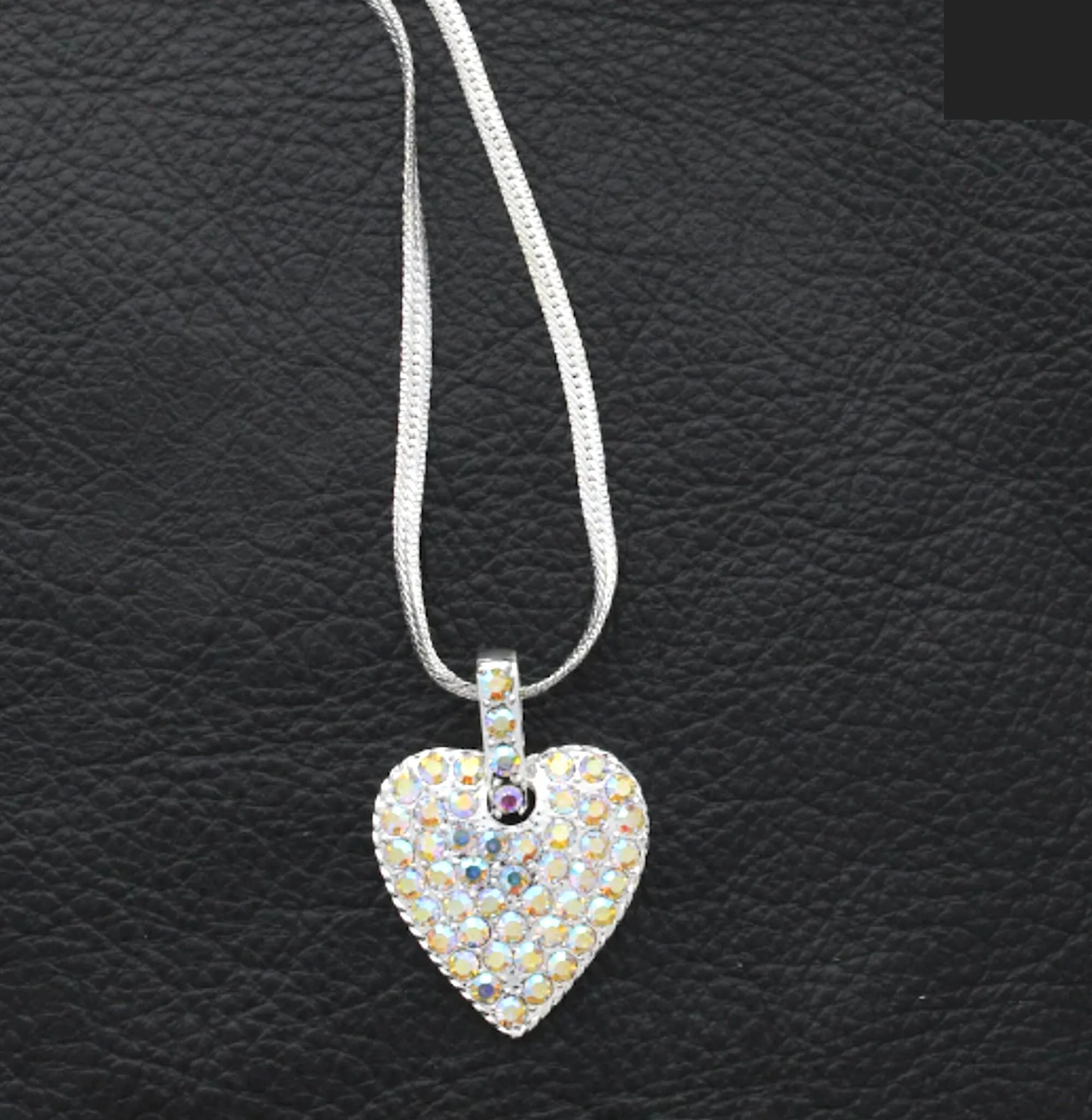 Crystal Heart Pendant Necklace on Silver Serpentine 16" Chain, Gift Box, AB crystal, Peridot green or Black crystal, 25mm pendant, Each