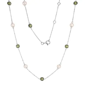Cultured freshwater pearl and peridot simulant drop necklace in sterling silver