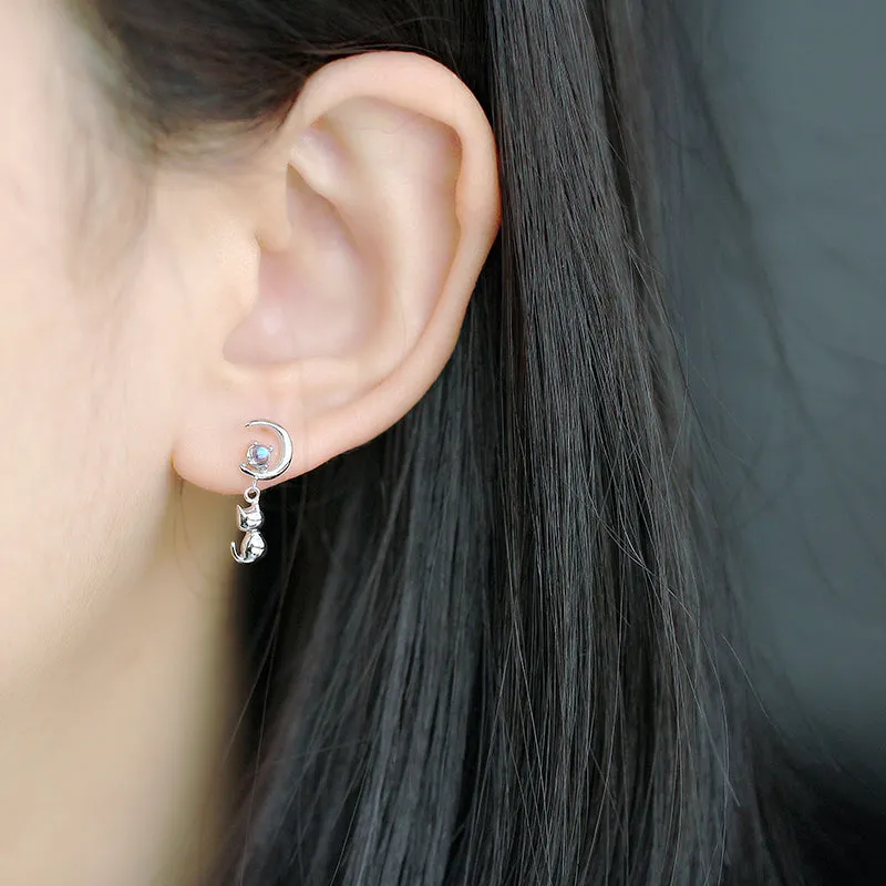 Cute Moonstone Stud Earrings White Gold Plated Sterling Silver Jewelry Accessories Gift for Women