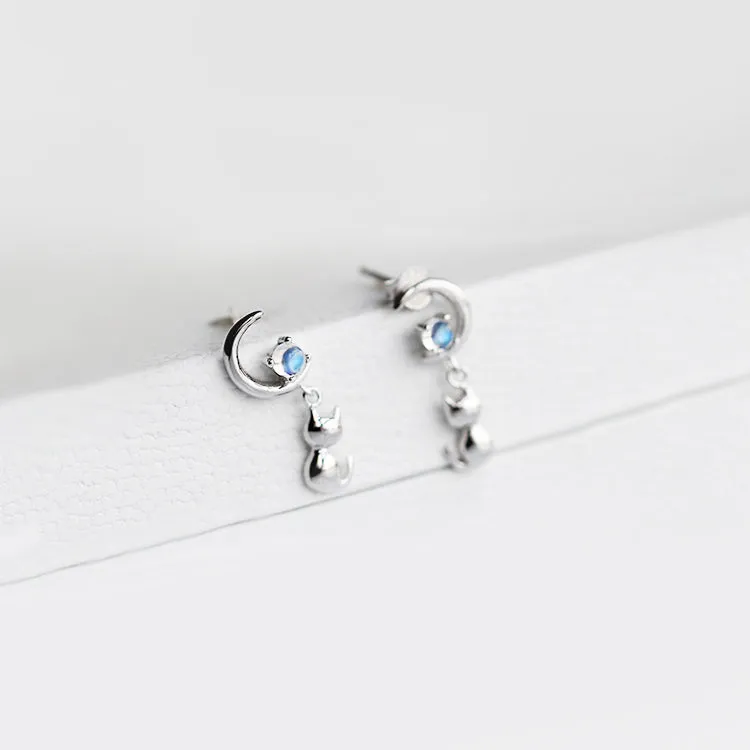 Cute Moonstone Stud Earrings White Gold Plated Sterling Silver Jewelry Accessories Gift for Women