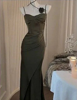 Dark Green Spaghetti Straps Sheath Long Party Dress Charming Evening Dress Wholesale