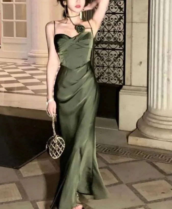 Dark Green Spaghetti Straps Sheath Long Party Dress Charming Evening Dress Wholesale