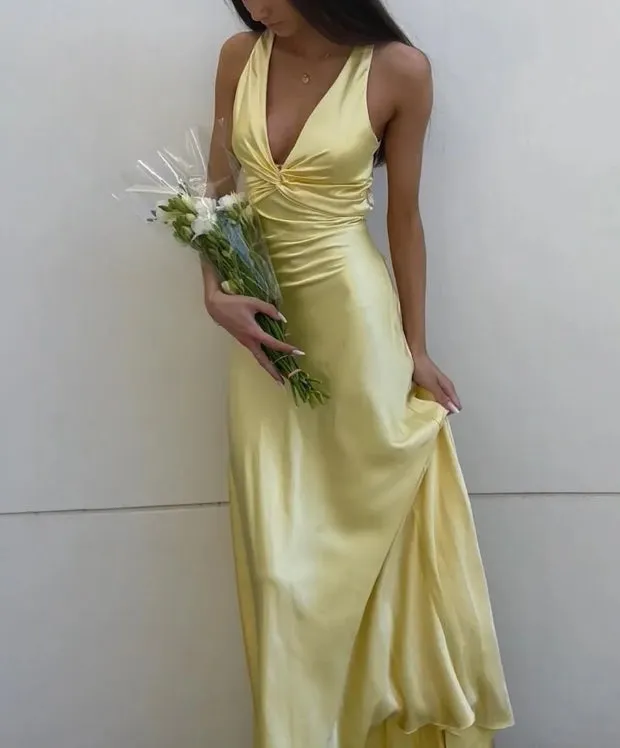 Dress Yellow Simple Prom Dress V Neck Evening Dress Charming Formal Party Dress