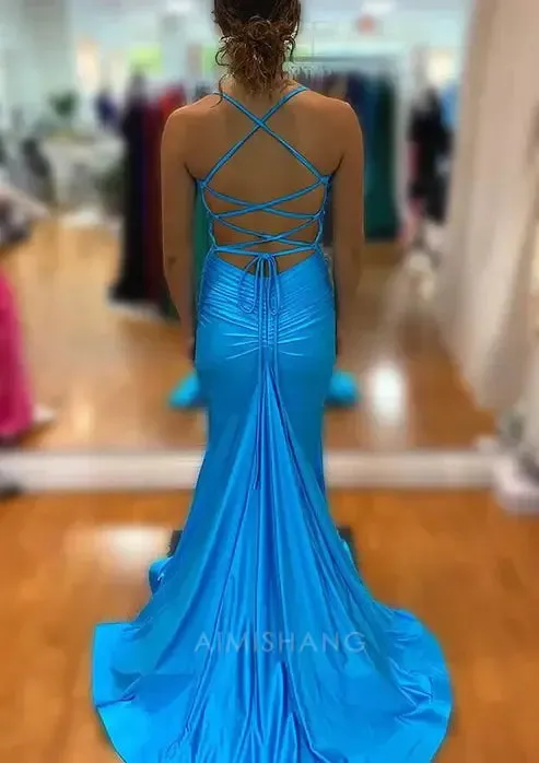 Elegant Blue V Neck Long Prom Dress With Split Formal Dress Charming Evening Party Dress