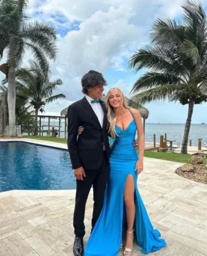 Elegant Blue V Neck Long Prom Dress With Split Formal Dress Charming Evening Party Dress