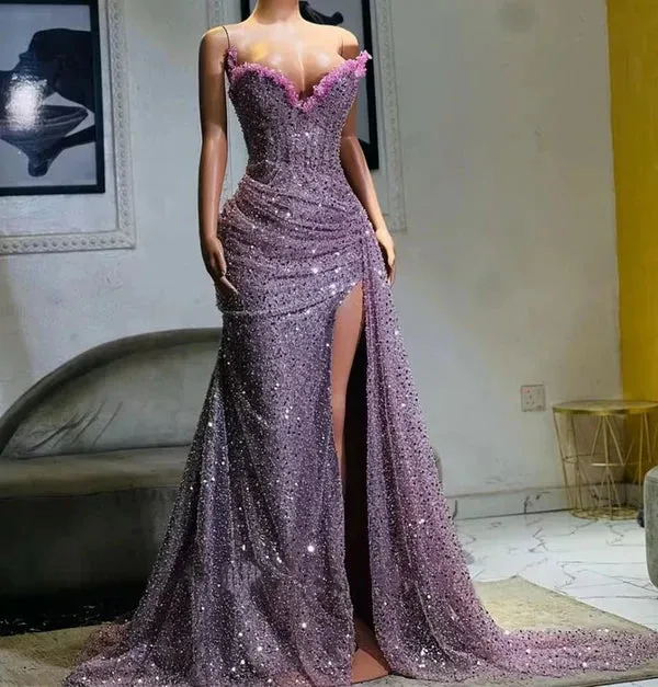 Elegant Purple Mermaid Long Prom Dress Charming Evening Party Dress Women's Dresses With Slit
