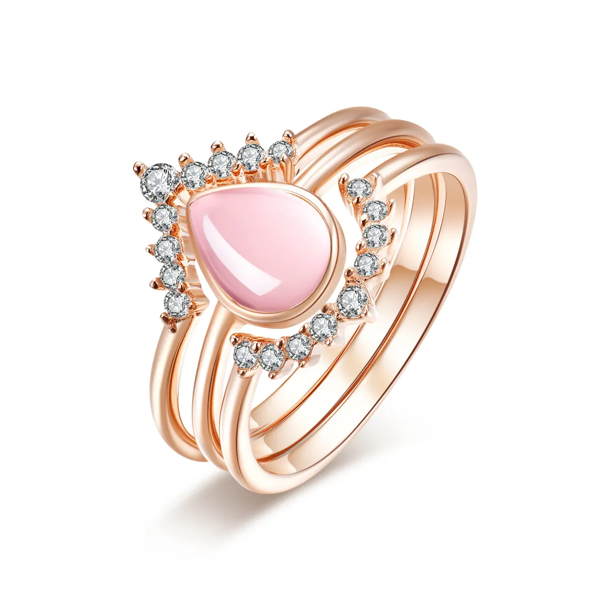 Everafter Natural Rose Quartz Oval-Cut Sterling Silver Three-Piece Stackable Ring Set in Rose Gold