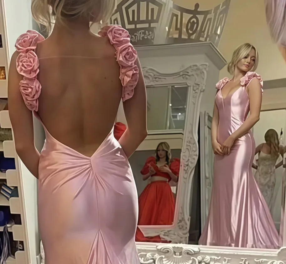 Floral Pink V-neck Open Back Long Prom Dress Charming Evening Party Dress