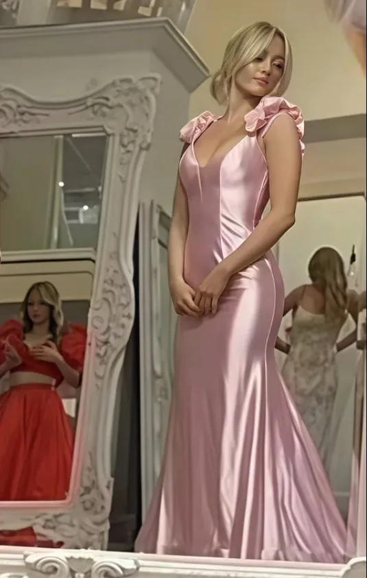 Floral Pink V-neck Open Back Long Prom Dress Charming Evening Party Dress