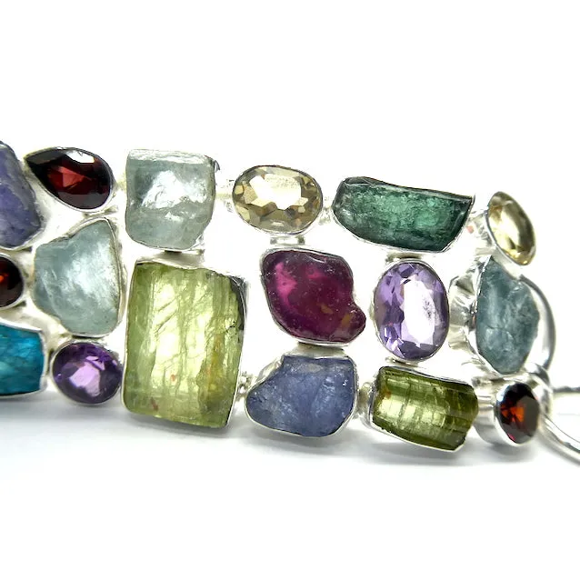 Gemstone Bracelet with multiple Raw Nuggets in Wide Band, 925 Silver,