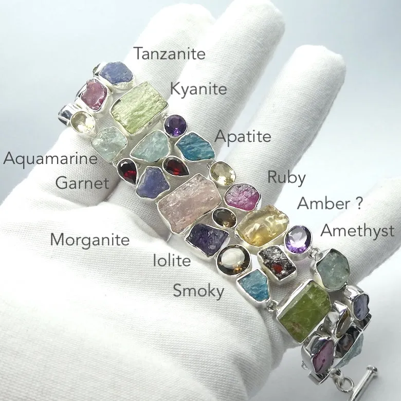 Gemstone Bracelet with multiple Raw Nuggets in Wide Band, 925 Silver,