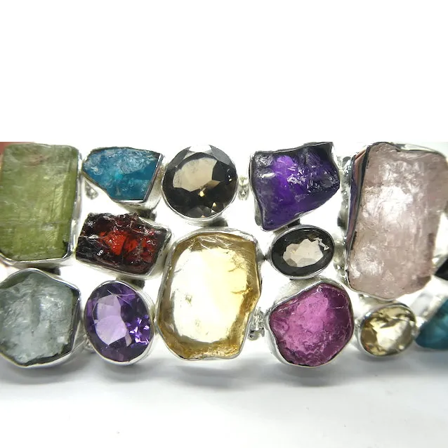 Gemstone Bracelet with multiple Raw Nuggets in Wide Band, 925 Silver,