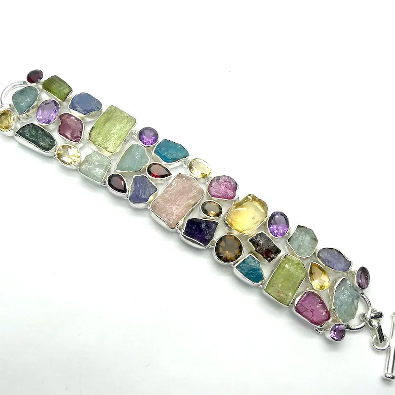 Gemstone Bracelet with multiple Raw Nuggets in Wide Band, 925 Silver,
