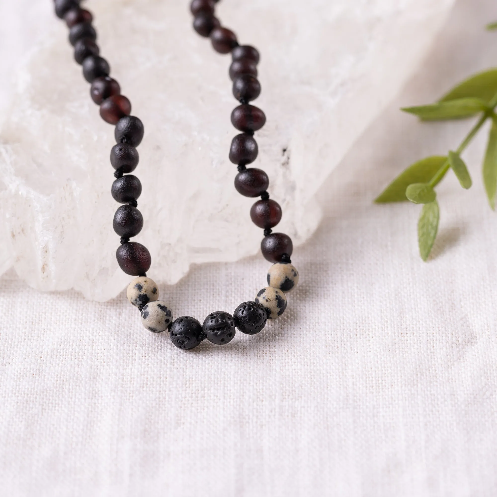 Kids | Dalmatian Jasper   Raw Cherry Aromatherapy Necklace