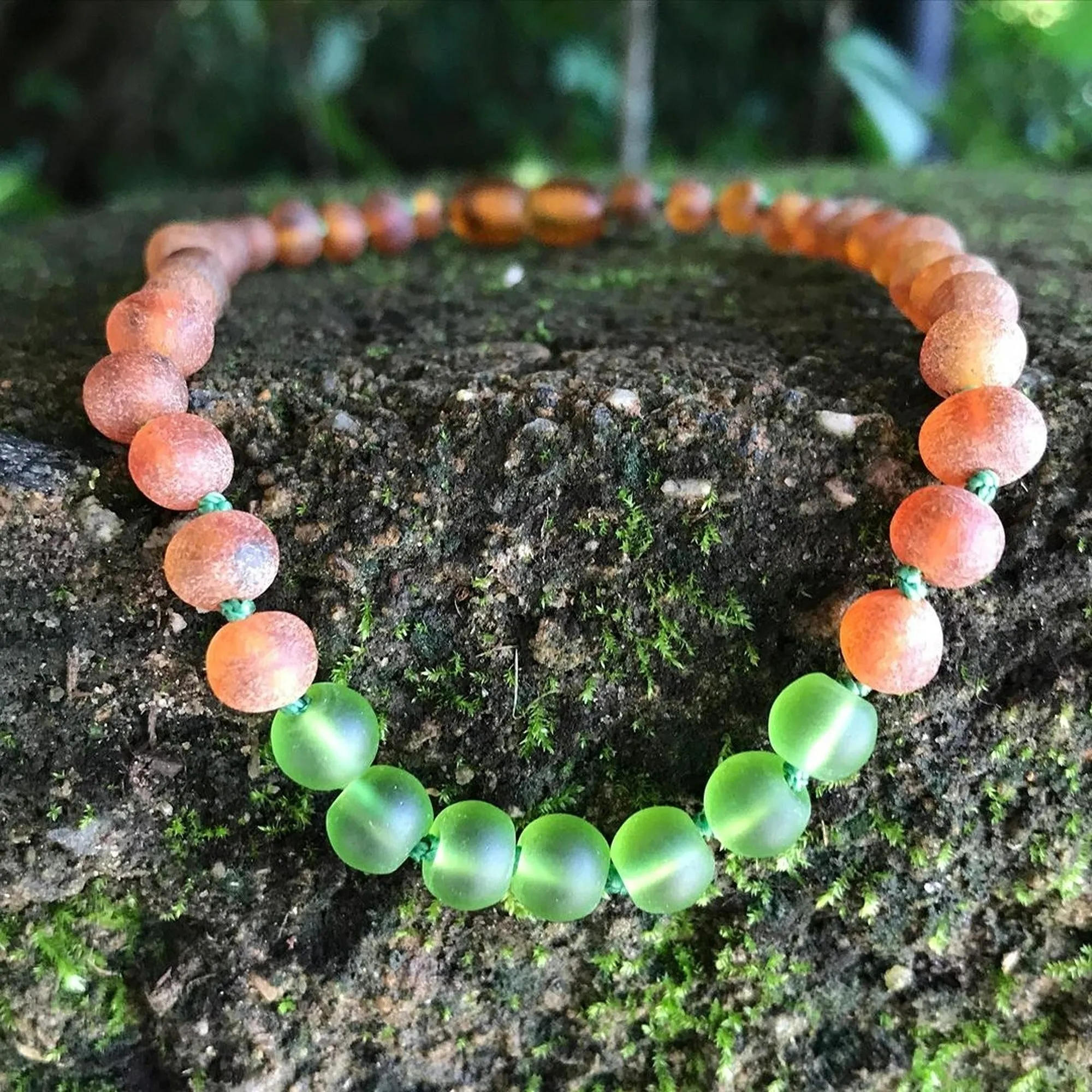 Kids | Green Sea Glass   Raw Cognac Amber Necklace