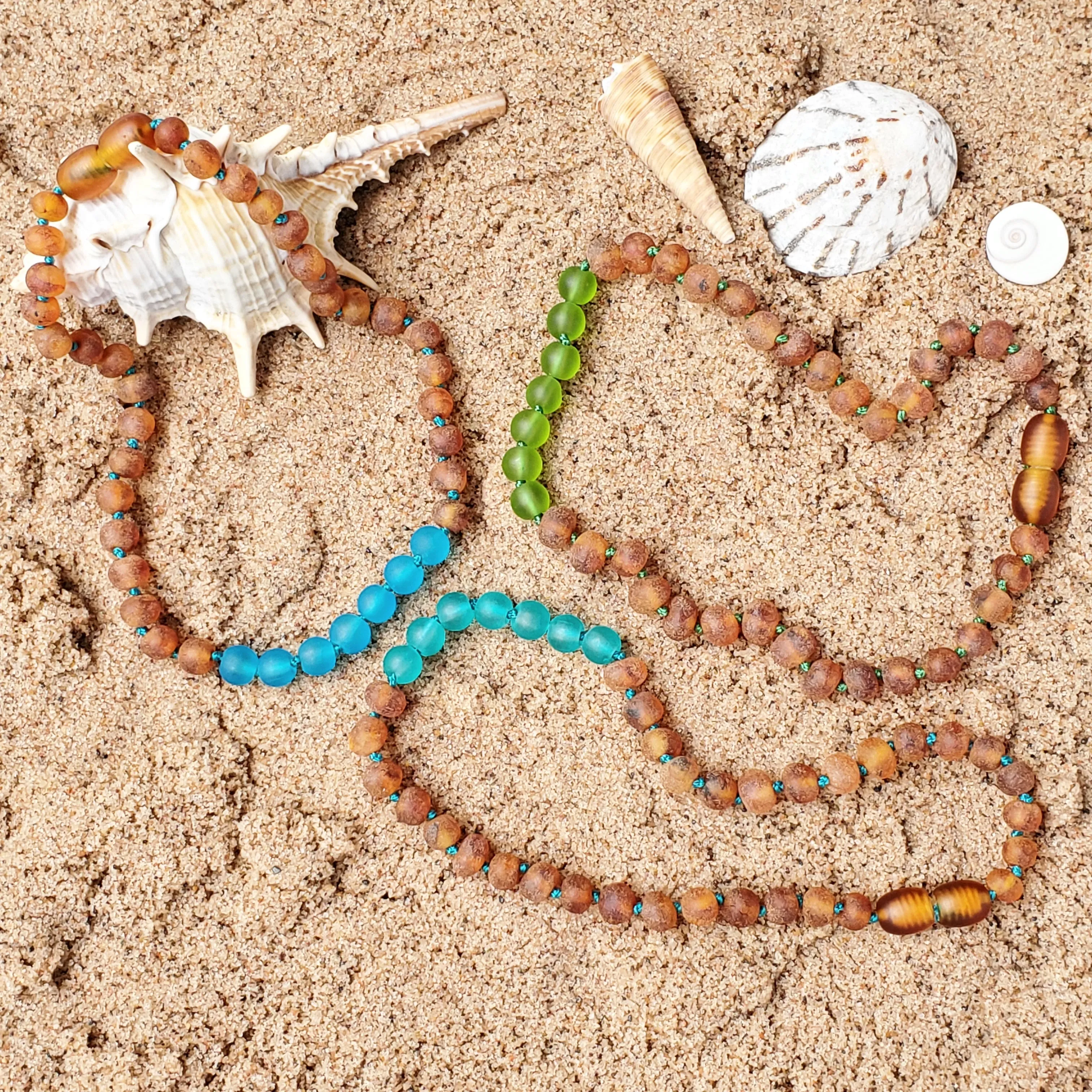 Kids | Green Sea Glass   Raw Cognac Amber Necklace