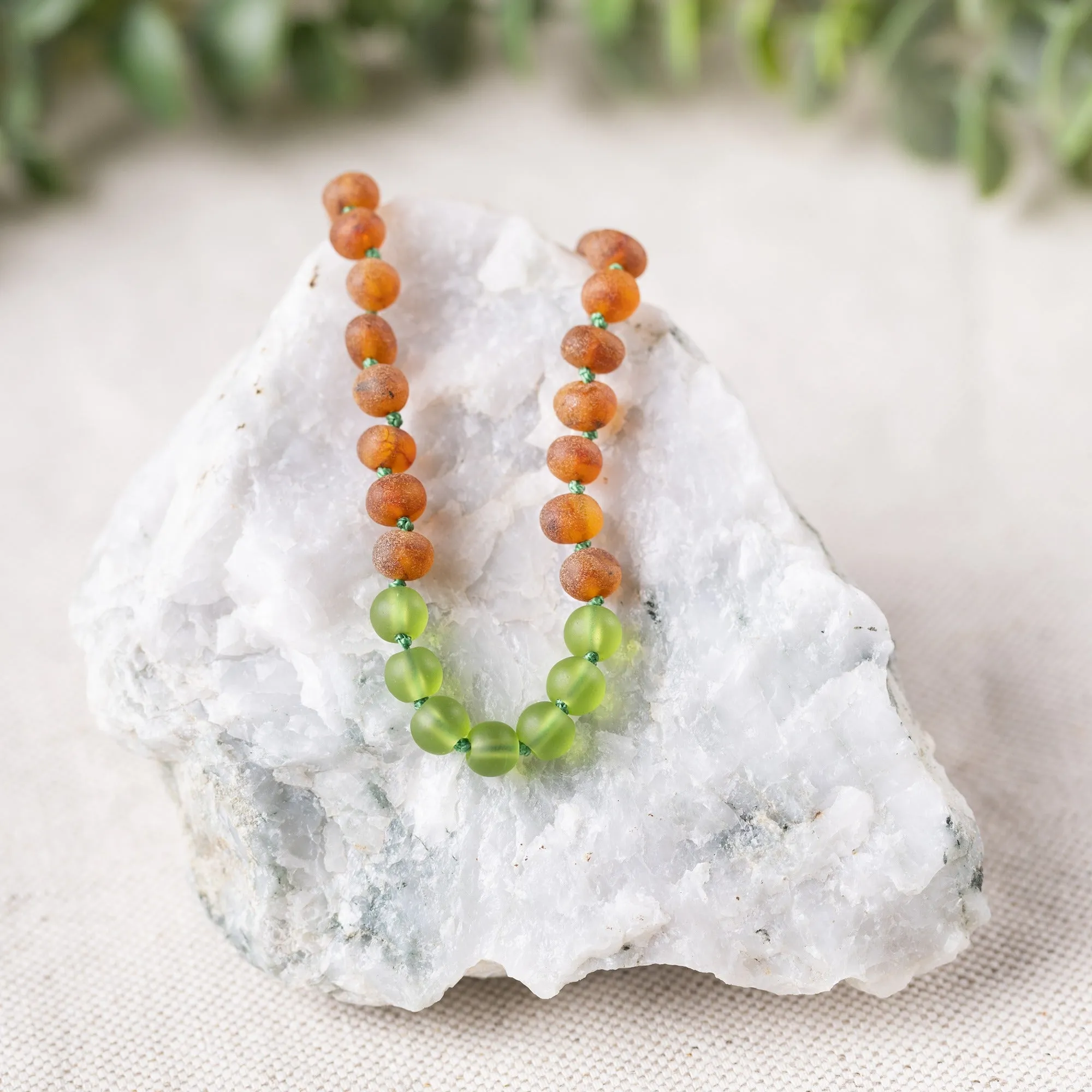 Kids | Green Sea Glass   Raw Cognac Amber Necklace