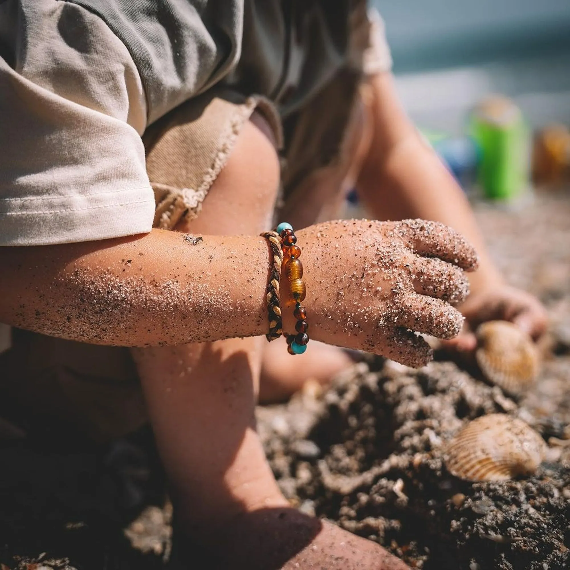 Kids | Marine Blue Sea Glass   Raw Cognac Amber Bracelet